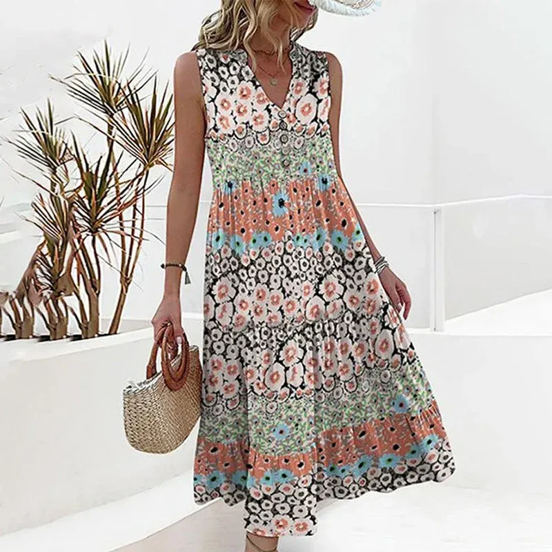 Elegante ärmelloses Sommerkleid mit V-Ausschnitt und Blumenmuster – Élara