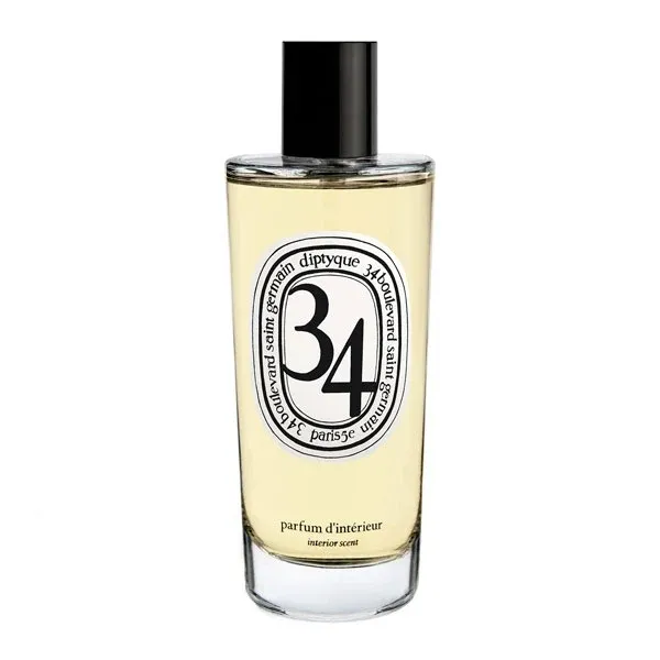 Diptyque - 34 Boulevard Saint Germain - Raumspray im klaren Flakon mit schwarzem Verschluss vor weißem Hintergrund minimalistisch dargestellt