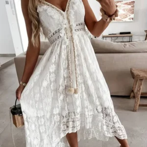 boho-maxi-sommerkleid mit spaghettiträgern und v-ausschnitt – Valéora
