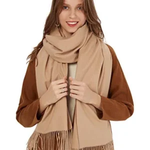 Scarf Warm Winter Autumn Plain Cotton with Tassels/Fringes, 40+ Colors Solid & Plaid Pashmina xl Scarves Beige Light Camel