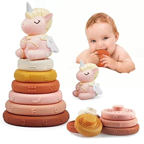 7 pieces stacking toys with rings, sensory toys, squeeze teething baby toys, stacking tower early learning toys