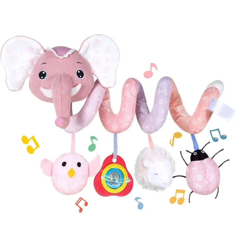 Car seat toy, baby spiral, plush, for hanging, for baby carriage, bar, baby carriage, crib, with music box, BB squeaker and rattles