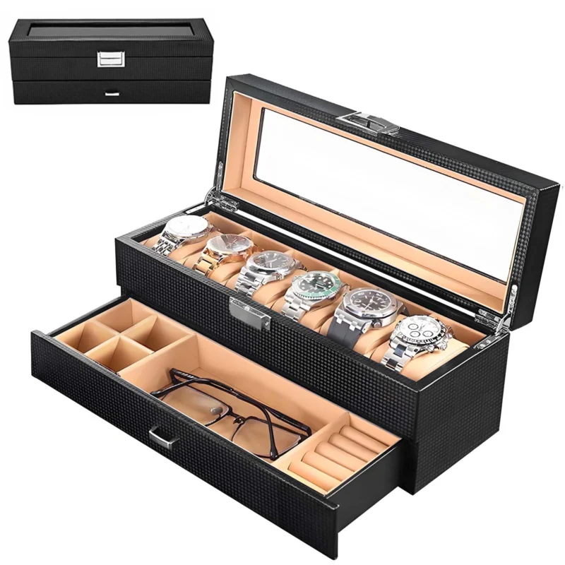 Watch box for 6 watches, 2 sunglasses, watch box with glass lid