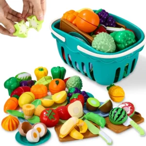 Play kitchen accessories, children's kitchen accessories, plastic fruit for cutting, various fruit and vegetables, plates, cutting boards