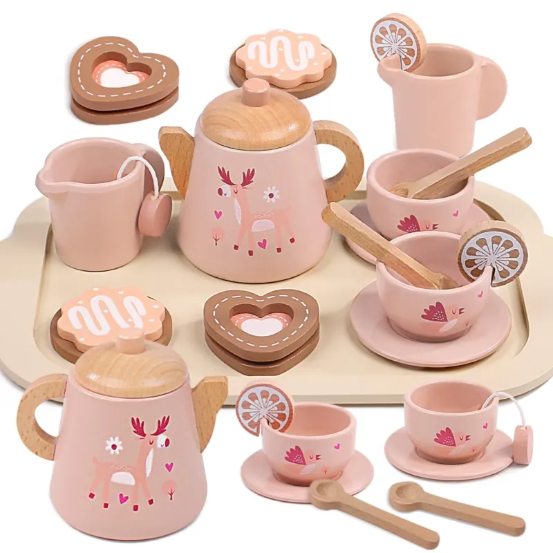 Children's Wooden Tea Set, Doll's Tableware, Children's Kitchen Accessories for Tea Party & Role Play