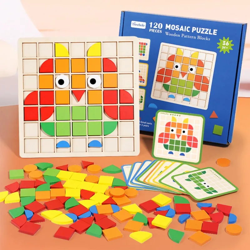 Creative Mosaic Puzzle,Wooden Pattern Blocks Set,Shape Matching Game