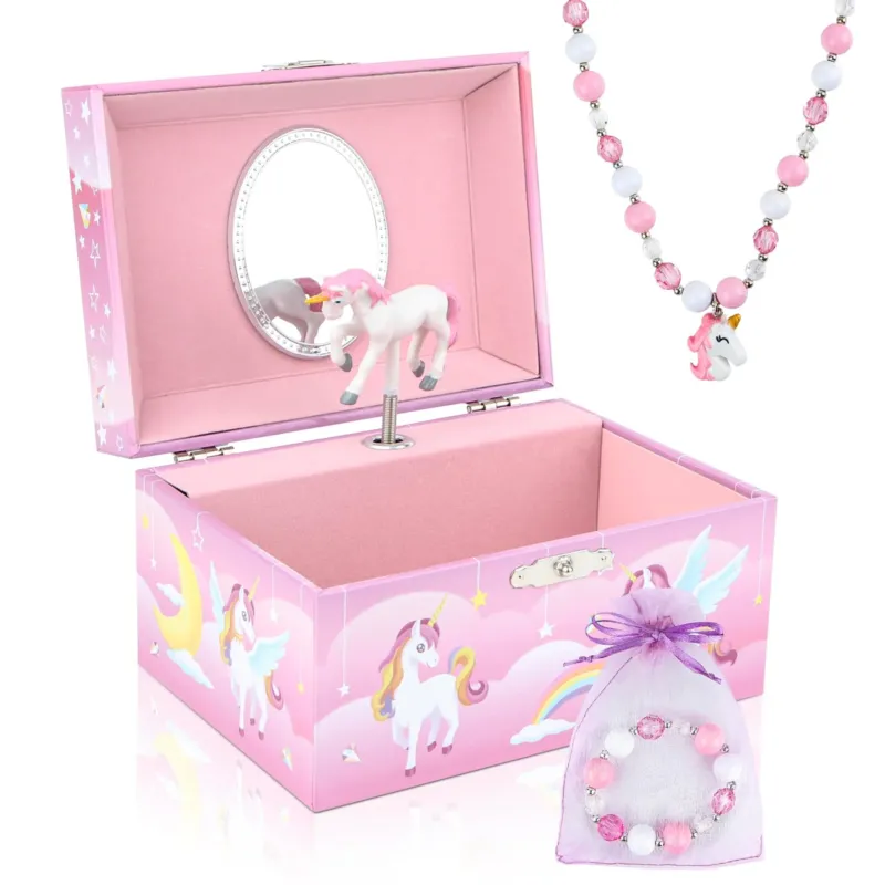 Jewelry box with music box with unicorn jewelry set, children's jewelry box music box with spinning ballerina