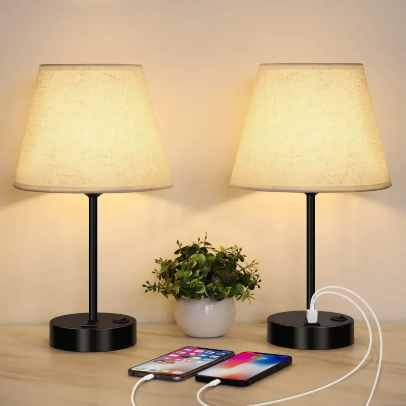 Set of 2 bedside lamps with 2 USB ports