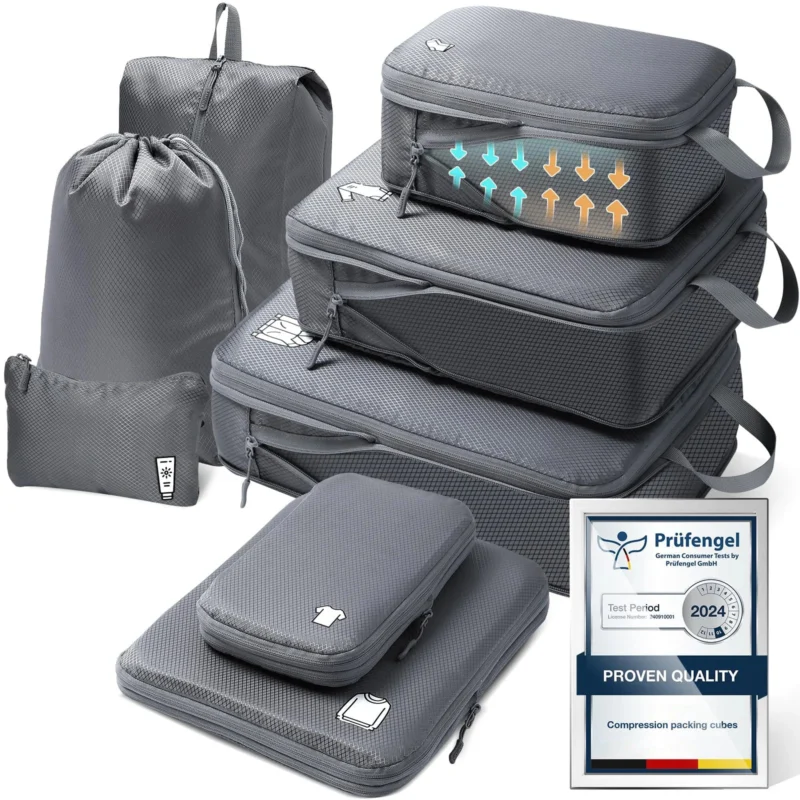 Suitcase Organiser Packing Cubes Compression 8 Pieces, Waterproof Packing Cubes Suitcase