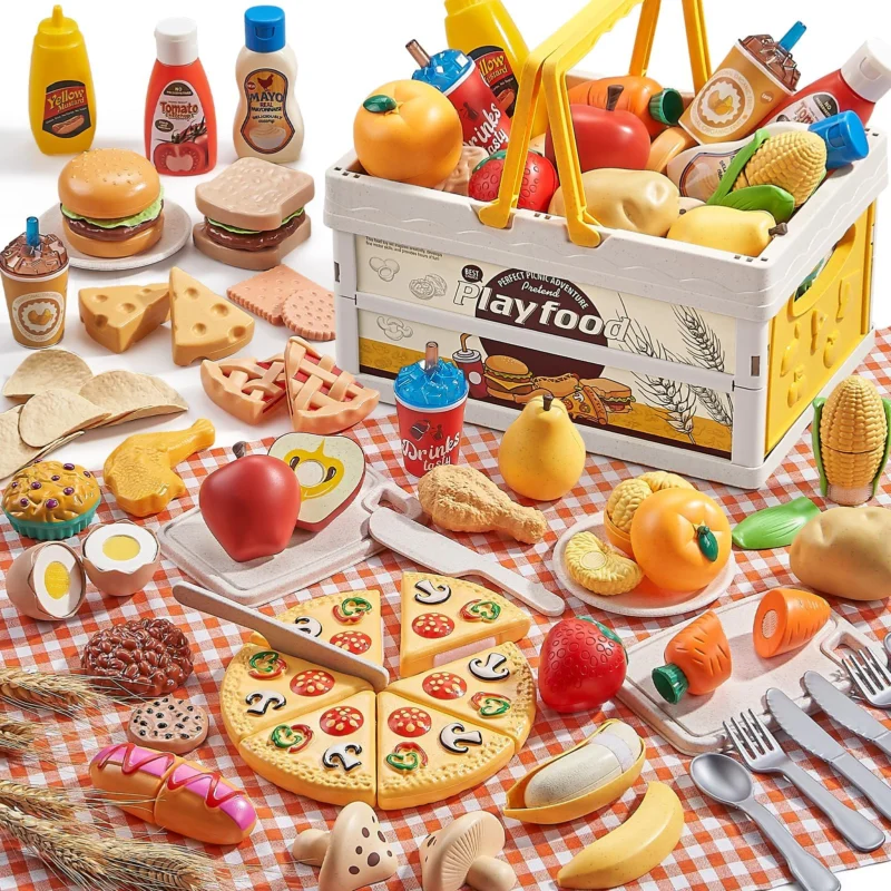 83-Piece Play Food - Children's Kitchen Accessories with Picnic Basket & Blanket - Toy Food for Cutting