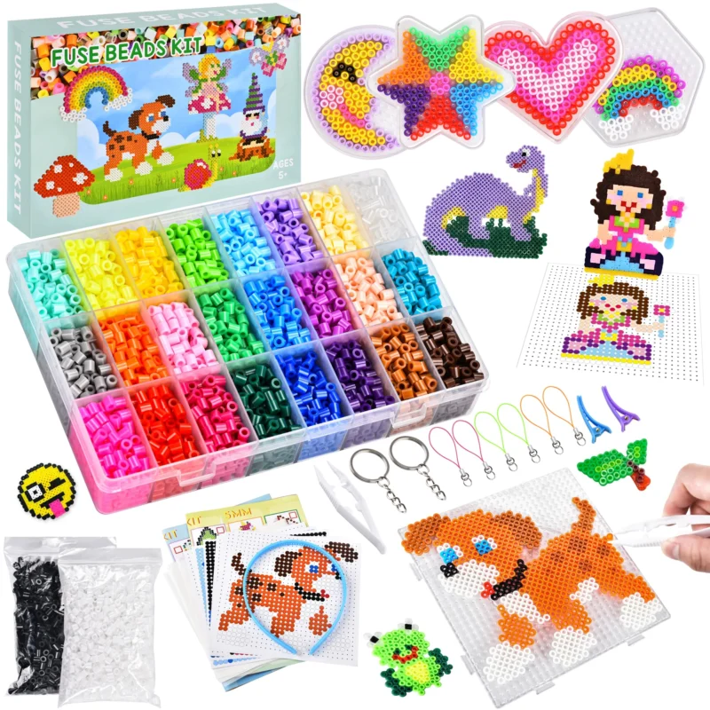 6300 iron on beads set, 26 colors iron on beads craft set with plates, tweezers, pattern instructions, bead set children with storage box