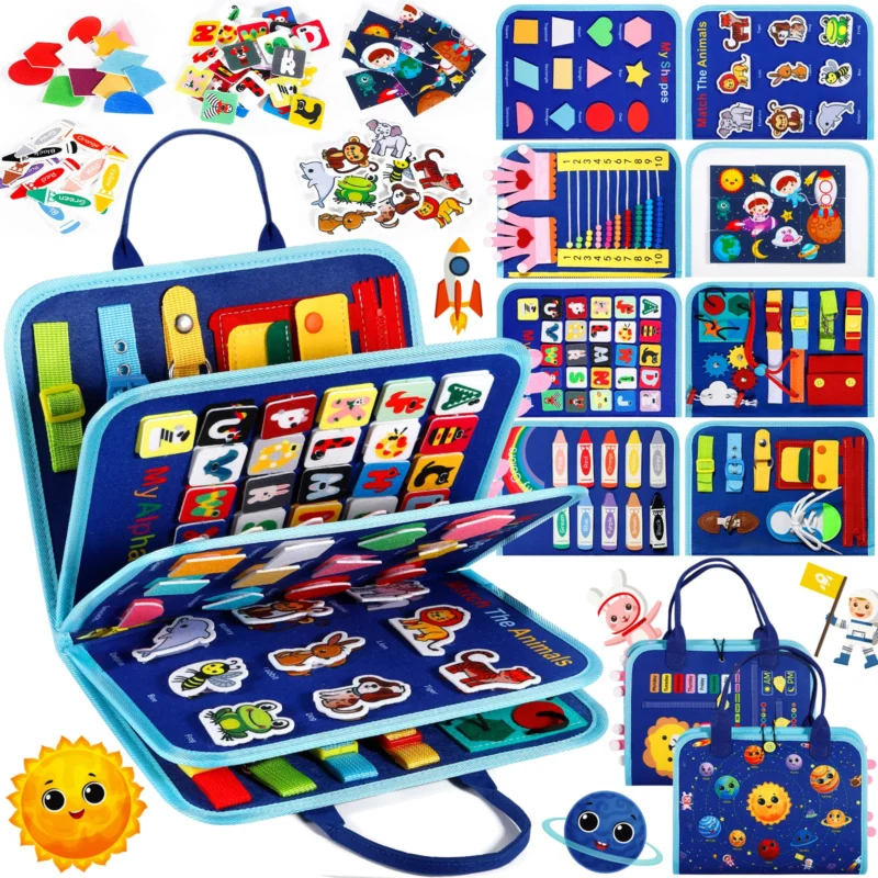 Busy Board 9 in 1,5 Layers Toddler Activity Board Motor Skills Toy, Sensory Learning Toy