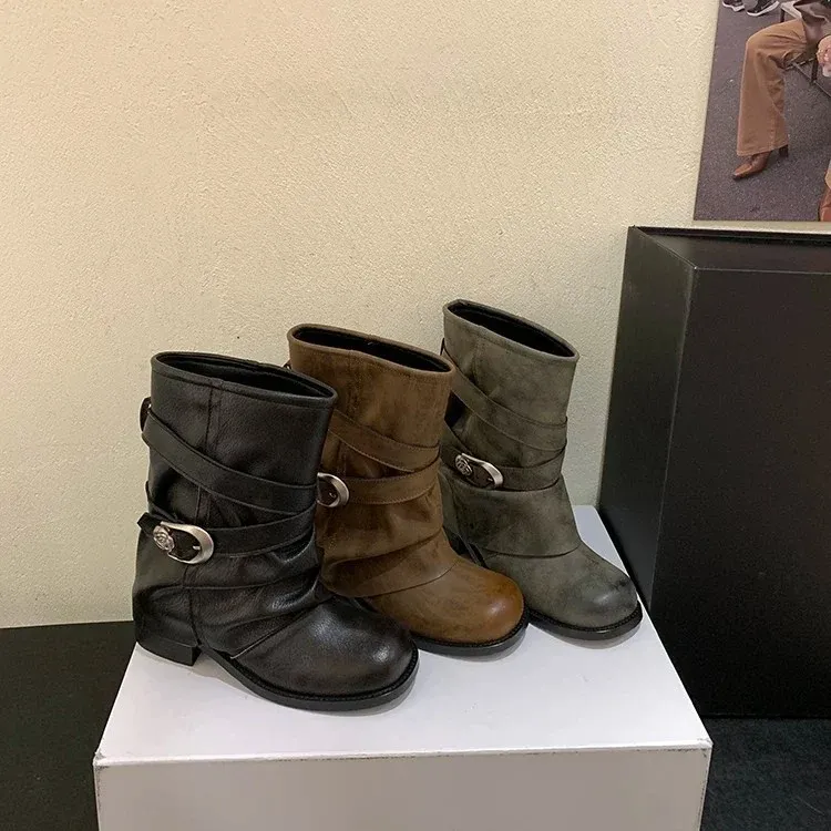 Damen Modische Stiefeletten mit breitem Riemen – Varelle