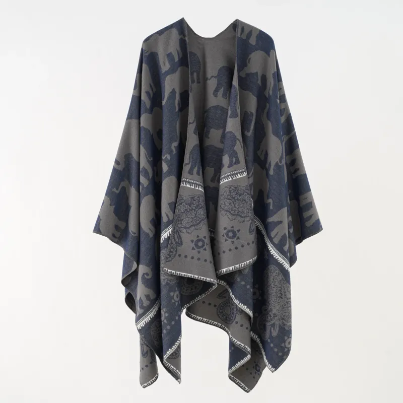 Damen Jacquard‑Ruana mit Elefantenmotiv und ornamentaler Bordüre – Avelisse