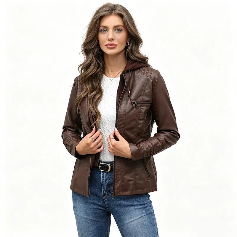 Damen Taillierte Kunstlederjacke mit abnehmbarer Kapuze und Reißverschluss Echoarchiv