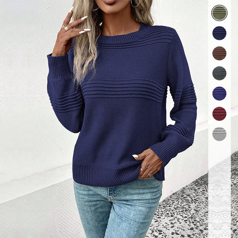 Damen Feinstrickpullover mit Strukturstreifen, Rundhalsausschnitt und gerippten Bündchen – Mavelle