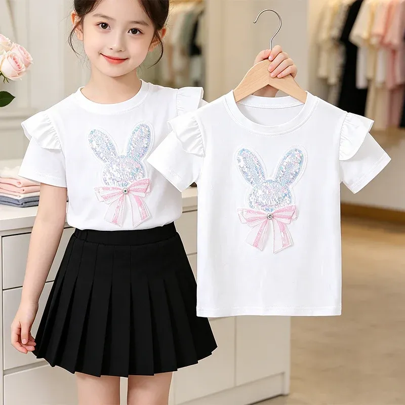 Mädchen T-Shirt mit glitzerndem Hasenmotiv und Rüschendetails
