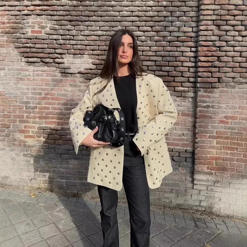 Damen Longline-Blazer mit Paillettenbesatz in Punktoptik Echoarchiv