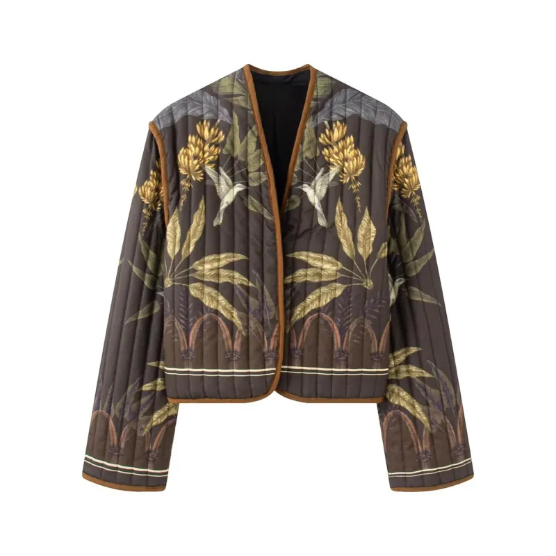 Damen Gepolsterte kurze Steppjacke mit botanischem Print und Kontrastpaspel Echoarchiv
