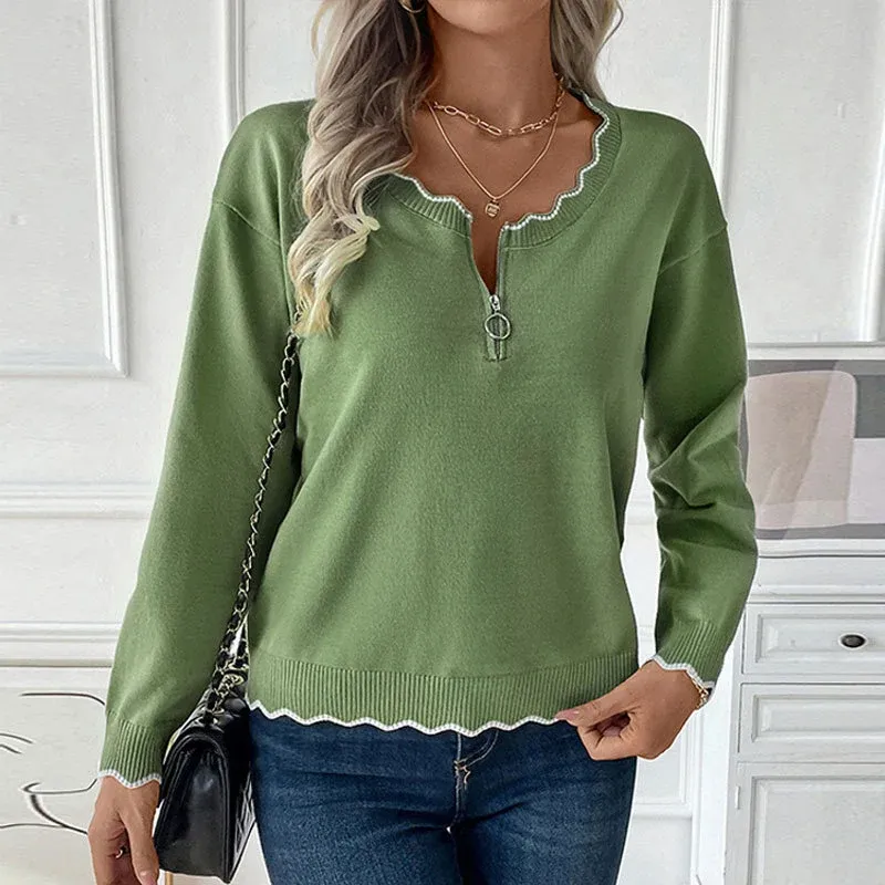 Damen Feinstrick-Pullover mit Reißverschluss-Kragen und gewellter Kontrastkante – Mavelle