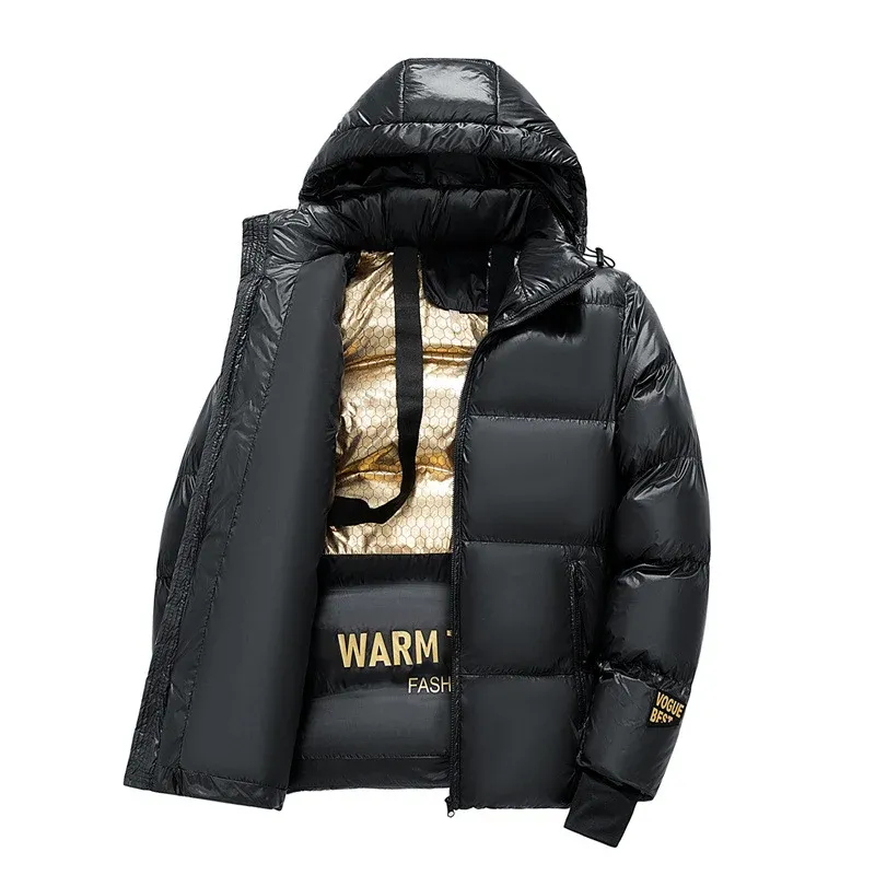 Herren Wattierte Steppjacke mit Kapuze, Thermo‑Isolierung & goldbedrucktem Innenfutter Echoarchiv