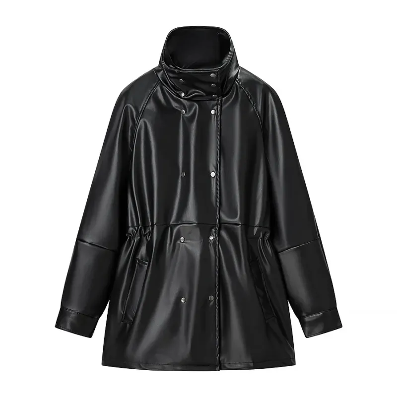 Damen wasserabweisende Kunstleder-Parka mit hohem Stehkragen und Taillen-Tunnelzug – Célinea