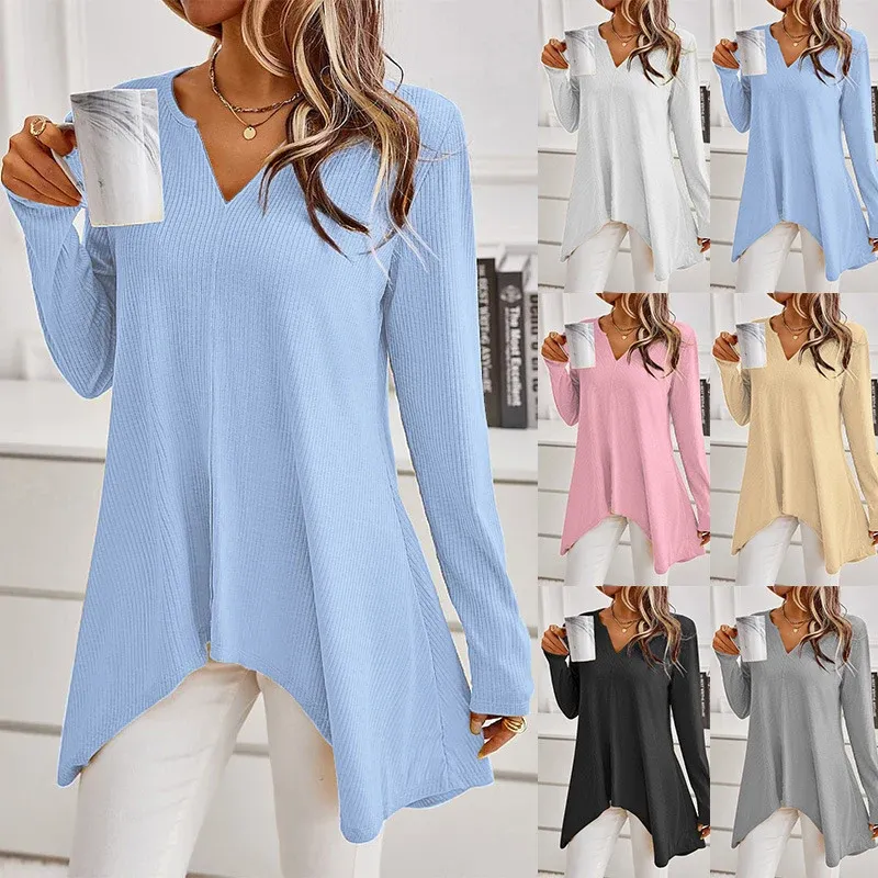 Damen Ripp Longsleeve Tunika mit V-Ausschnitt und asymmetrischem Haifischsaum – Avérine
