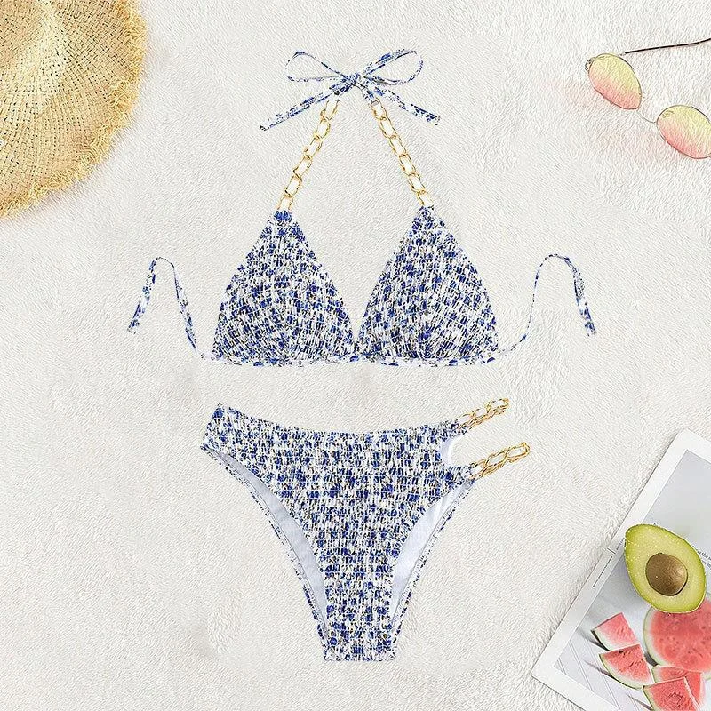 Damen Triangel-Bikini mit goldenen Ketten-Details und verspieltem Blumenmuster – Maréssa