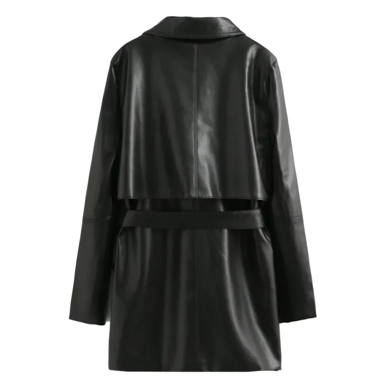 Damen veganer Leder-Trenchcoat mit Schalkragen, Bindegürtel und Doppelreiher – Montévia
