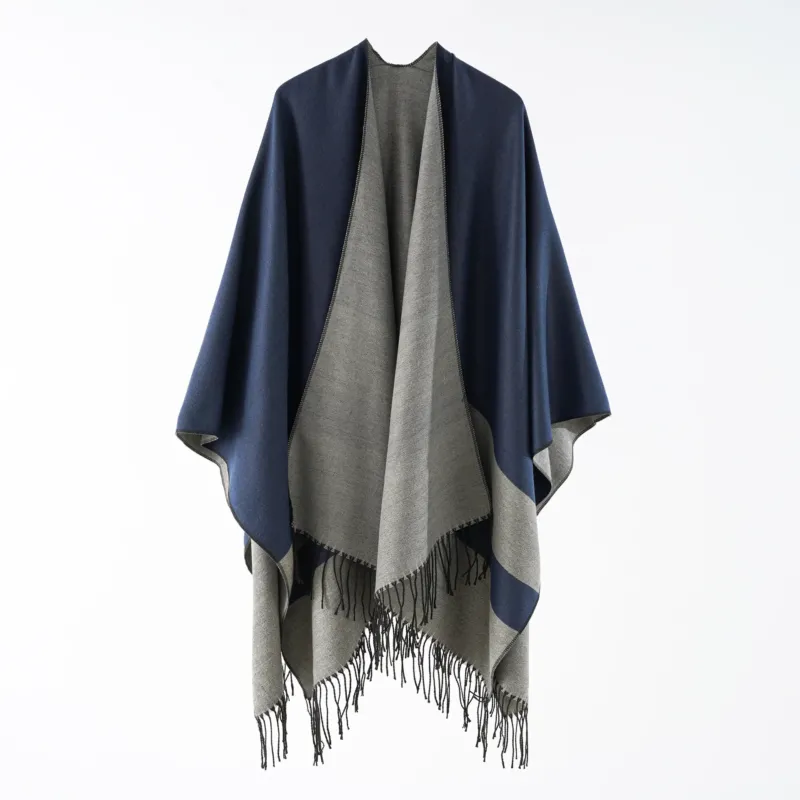 Damen Multifunktionaler Fransen‑Wickelponcho aus Wollmix mit doppellagigem Fall – Célinea