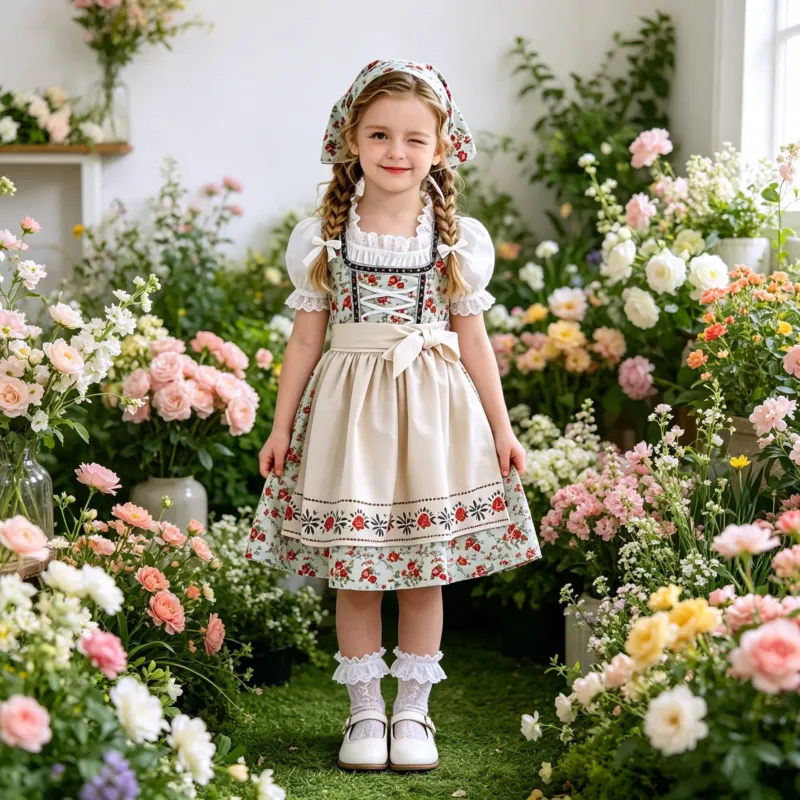Damen traditionelles Kinderdirndl-Set mit Schnürkorsett, Puffärmeln und Kopftuch – Lunéa