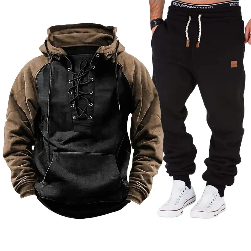 Herren lässiger Kapuzenpullover mit geflochtenem Schnürverschluss und bequemen Jogginghosen – Cavarno