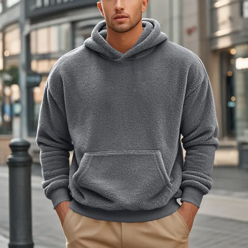 Herren kuscheliger Sherpa-Fleece Kapuzenpullover mit Kängurutasche und elastischen Bündchen – Cavarno