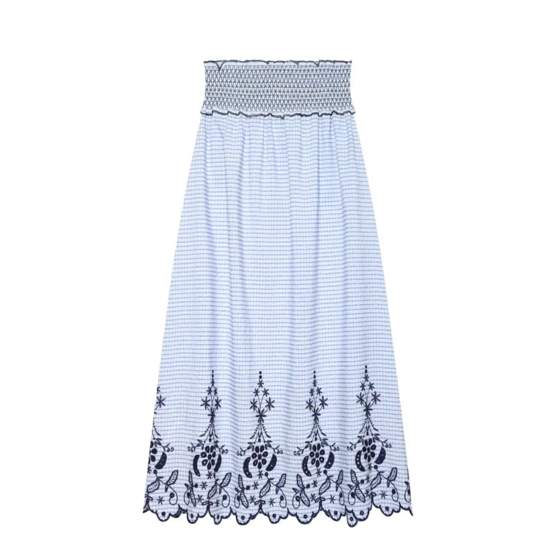 Damen Ärmelloses Maxikleid mit Smokoberteil und floraler Stickerei am Saum Echo Archiv