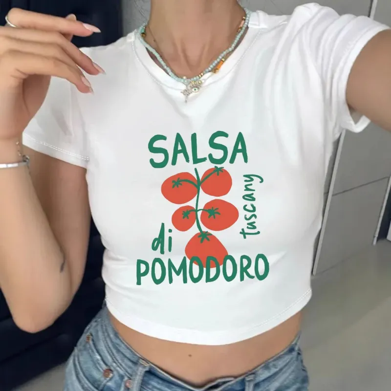 Damen Crop-Top mit kreativem Tomatenmotiv und witzigem Schriftzug – Orélia