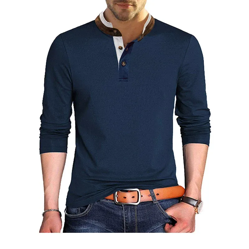 Herren Langarm-Henley-Shirt mit kontrastierendem Kragen und stilvollen Knopfdetails – Arvello