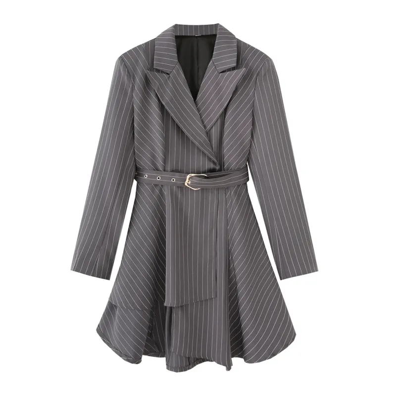 Damen tailliertes Blazerkleid mit Nadelstreifen, Bindegürtel und asymmetrischem Saum – Valéne