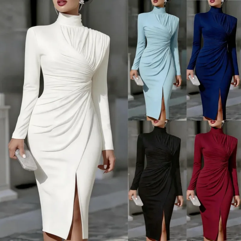 Damen Elegantes Midikleid mit geraffter Drapierung, Stehkragen und Beinschlitz – Élara
