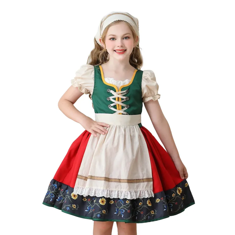 Damen traditionelles Kinderdirndl Kleid mit dekorativer Schnürung Schürze und Spitzenkopftuch – Lunéa