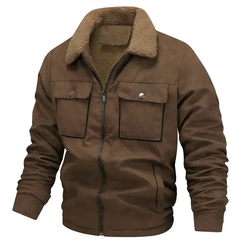 Herren sherpagefütterte Workerjacke in Wildlederoptik mit Klappbrusttaschen und Reißverschluss – Taviero
