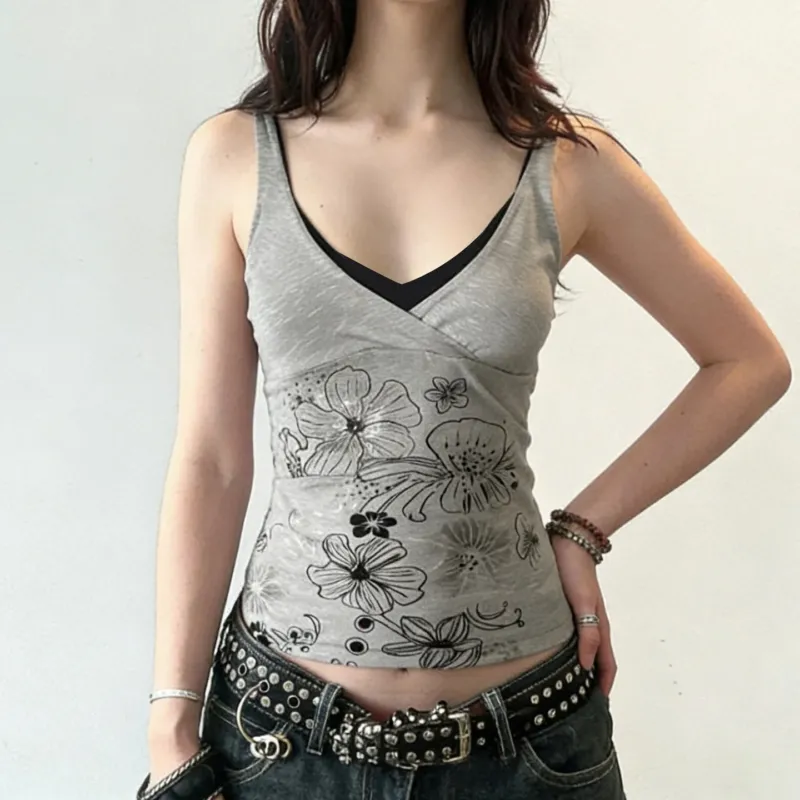 Damen Crop-Top mit floralem Design und Spaghetti-Trägern – Orélia