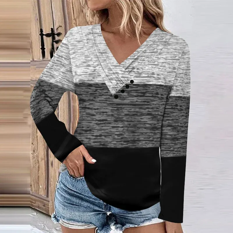 Damen Gerippter V-Ausschnitt Pullover mit Farbverlauf, Zierknöpfen und legerer Passform – Mavelle
