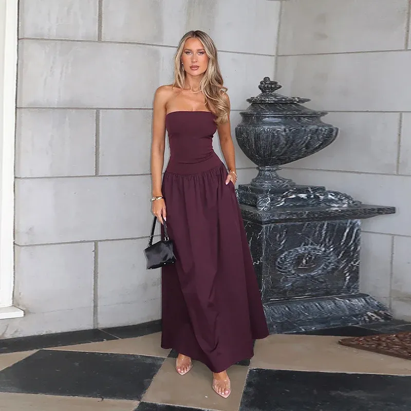 Damen elegantes Bandeau-Maxi-Kleid mit schwingendem Rock und elastischem Bund – Valéora