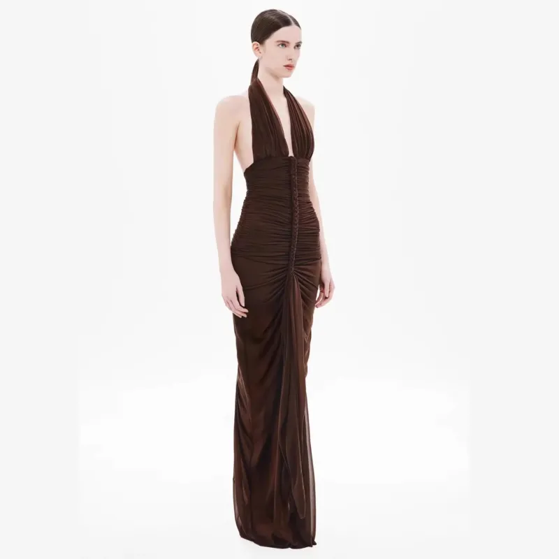 Damen Exquisites gerafftes Maxikleid mit tiefem V-Ausschnitt und eleganten Drapierungen – Valéora