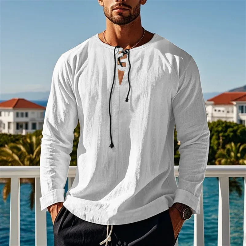 Herren modisches Langarmshirt mit Schnürung und V-Ausschnitt – Arvello