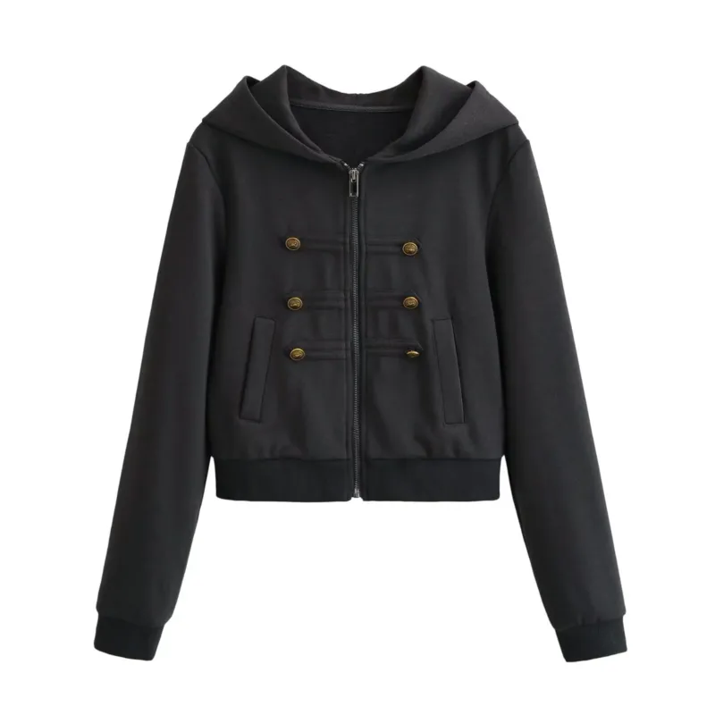 Damen Cropped Kapuzenblouson mit dekorischer Doppelreihe und verdecktem Reißverschluss Echo Archiv