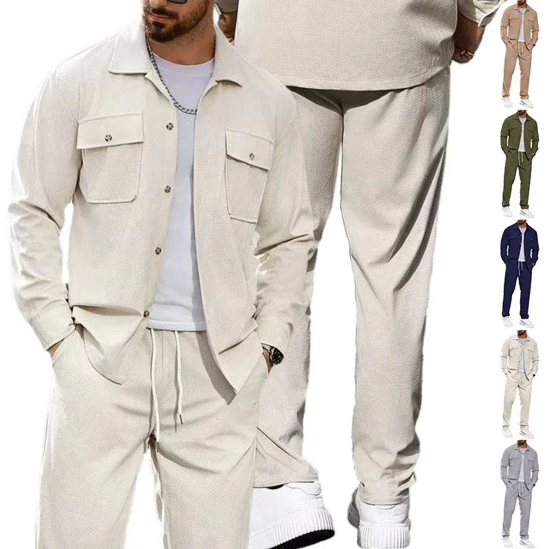 Herren lässiger Zweiteiler Hemdjacke mit aufgesetzten Brusttaschen und Kordelzughose – Marzano