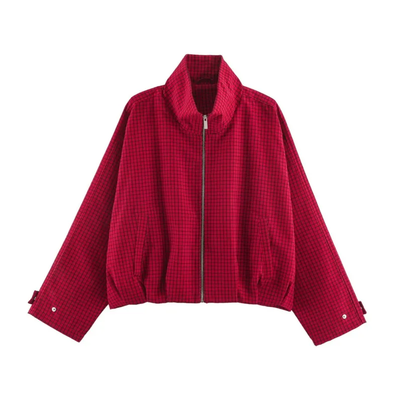Damen Karierter Cropped-Blouson mit hohem Stehkragen, weitem Schnitt und Druckknopfmanschetten Echo Archiv