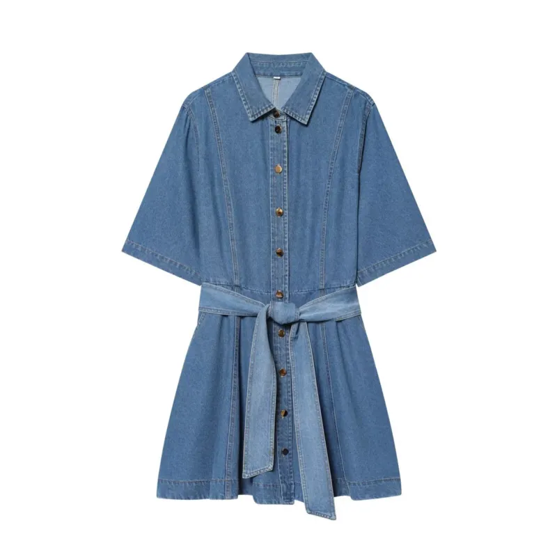 Damen Denim-Hemdblusenkleid mit Taillengürtel und ausgestellter A-Linie Echoarchiv