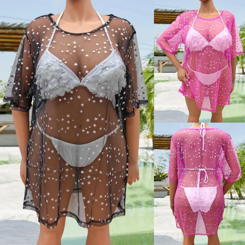 Damen transparenter Strandüberwurf mit funkelnden Sternen – Avérine